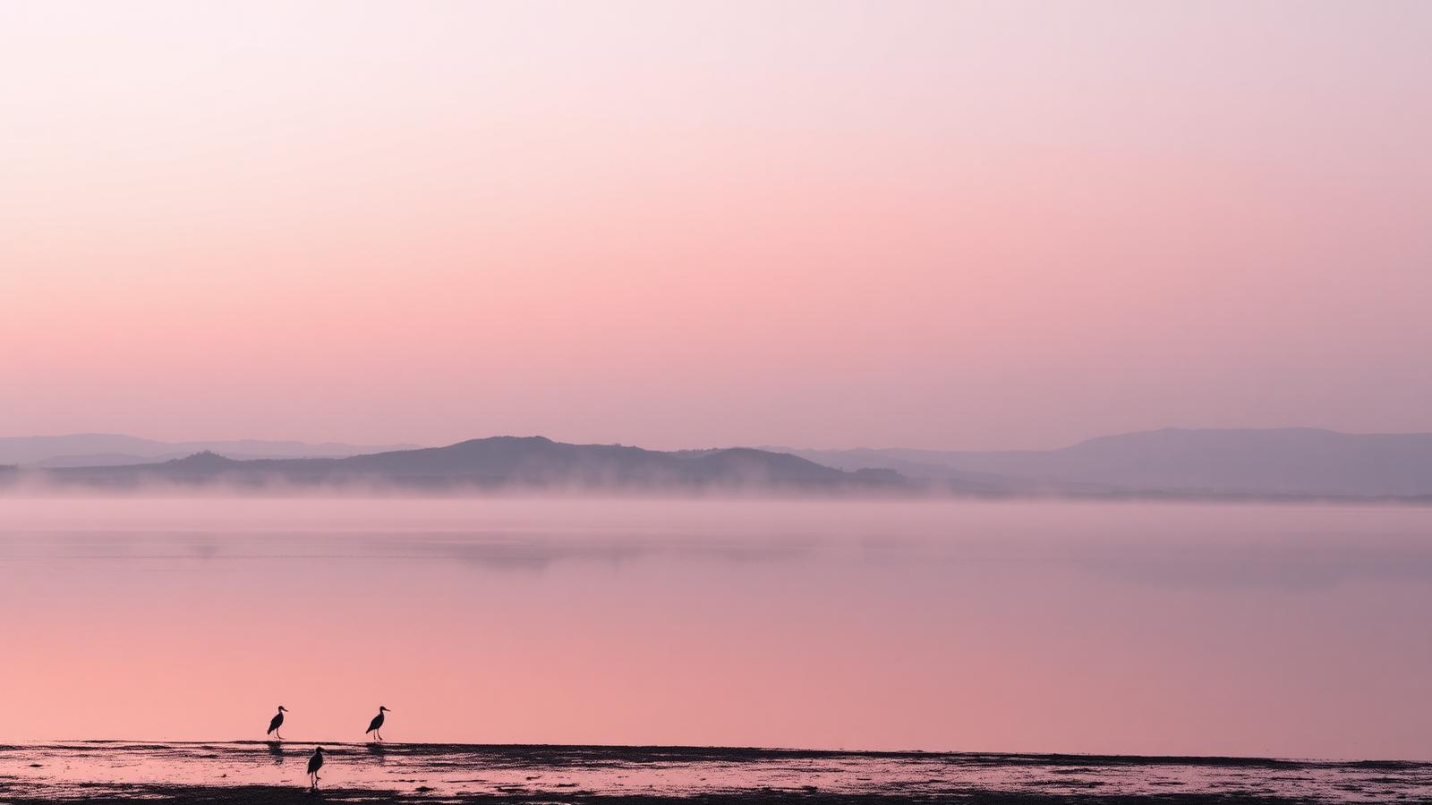 Dawn over the Caia reservoir, still water reflecting pink sky and wading birds along the shore