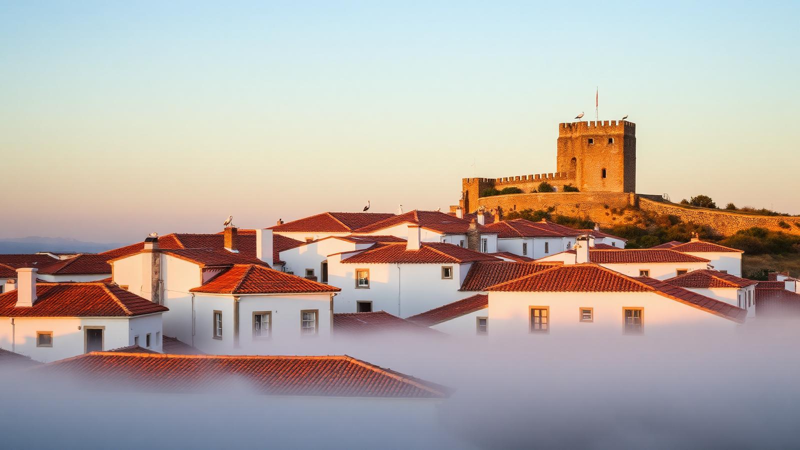 The whitewashed hilltop village of Castelo de Vide at first light, terracotta roofs and the castle keep rising above