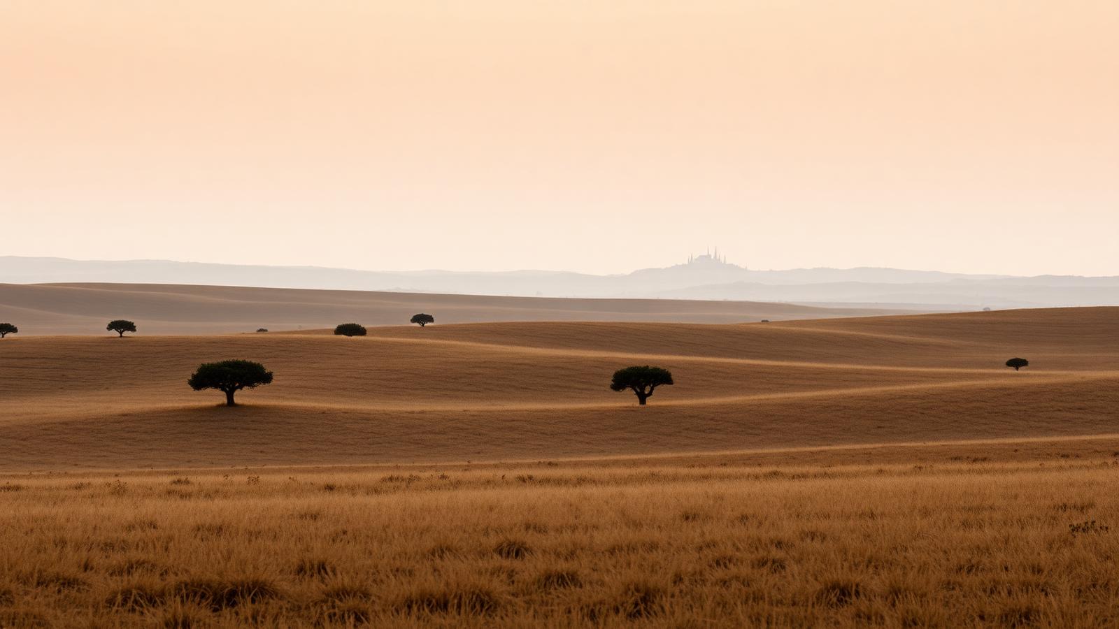 The vast Alentejo steppe near Elvas at golden hour, scattered cork oaks and a distant fortified town silhouette