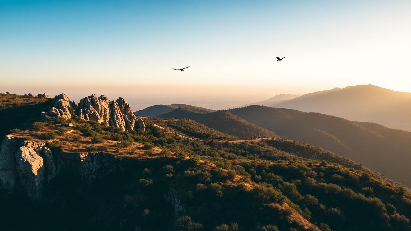 Quartzite crags and oak-clad slopes of the Serra de São Mamede at early light, two vultures circling