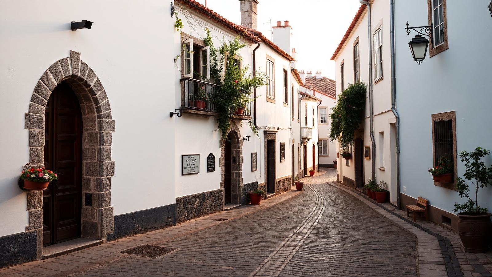 A quiet cobblestone street in the Judiaria of Castelo de Vide, whitewashed houses with Gothic granite doorways