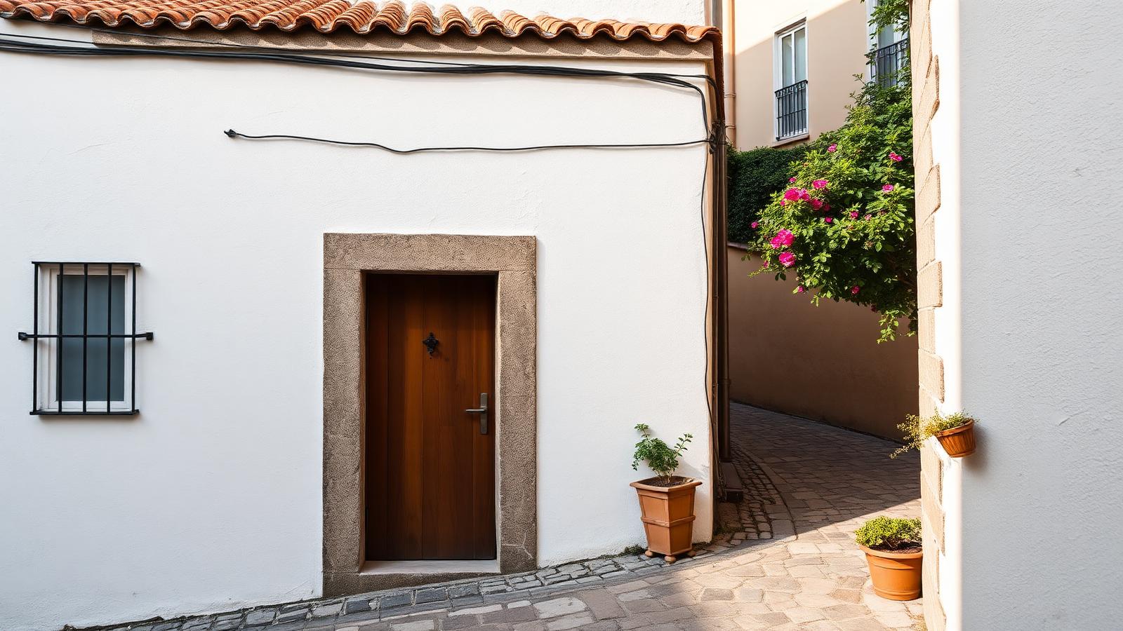 The small whitewashed façade of Casa do Paço Novo on a quiet medieval lane in the old town of Castelo de Vide