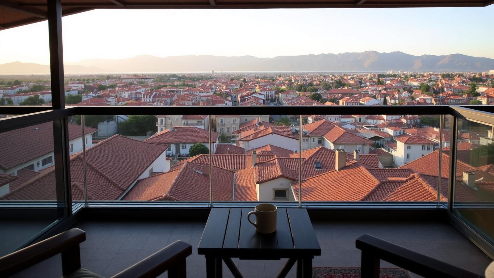The covered panoramic top-floor terrace at Casa do Parque, looking out over Castelo de Vide's terracotta rooftops toward the Serra de São Mamede
